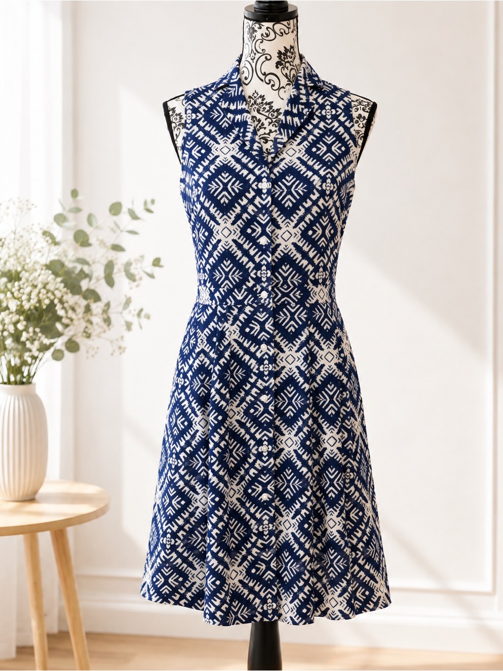 Paper Crown Navy and White Geometric Mini Dress